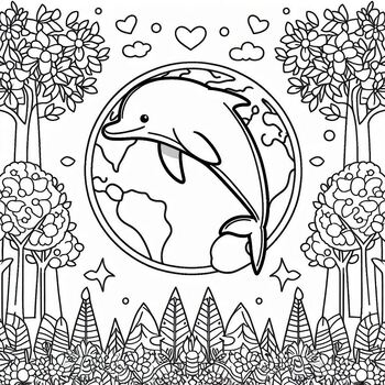 Preview of Free Coloring: Dolphin and trees for Earth Day