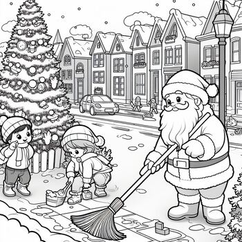Preview of Free Coloring picture Children help Santa Claus clean the street on Christmas