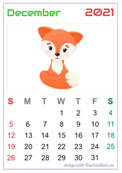 Preview of Free December 2021 Wall Calendar with Cute Animals for Kids