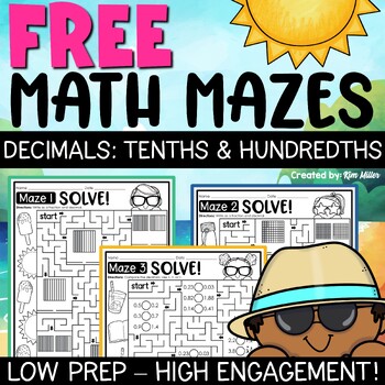Preview of Free Decimals to Fractions Worksheets Tenths and Hundredths Grids Math Mazes