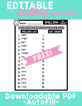 Preview of Free Editable Spelling Worksheet Word Work - Spelling List and ABC Order (15)