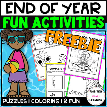 Preview of Free End of Year FUN Activity No Prep Summer Break Puzzles, Coloring Pages