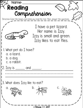 free kindergarten reading comprehension passages fall by winnie kids