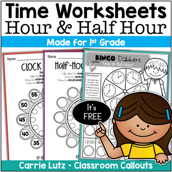 Preview of Free First Grade Telling Time Worksheets - Hour and Half Hour Parts of a Clock