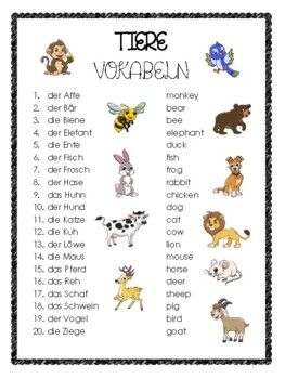 Free German Vocabulary List Tiere - Animals | TPT