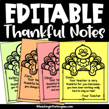 Preview of Free Gratitude Thankful Teacher Thanksgiving Editable Notes