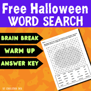 Preview of Free Halloween Word Search Puzzle Worksheet Activity Brain Break Warm Up