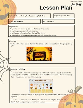 Preview of Free Halloween lesson plan ESL level B1-B2