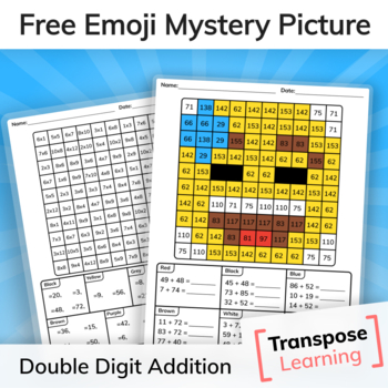 Preview of Free Happy Emoji Double Digit Addition Mystery Picture | Printable Math Review