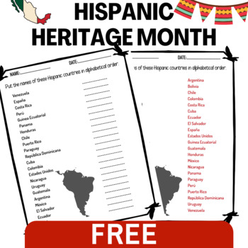 Preview of Free Hispanic Heritage Month Activity Hispanic Countries Worksheet