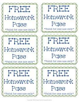 Free Homework Pass by HappyTeacherHappyStudents