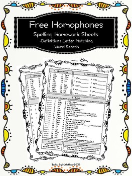 Preview of Free Homophones Worksheets with Definitions and Word Search (Grades 3 & 4)