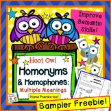 Multiple Meaning Words Hoot Owl Homonyms Speech Therapy Freebie