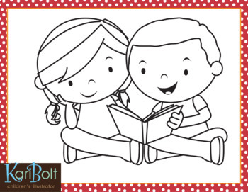 kids reading clipart black and white
