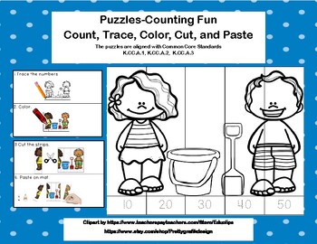 Preview of Free Kindergarten Puzzles- Count| Trace| Color| Cut| and Paste|3 K.CCSS