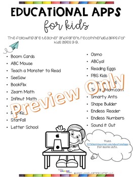 Preview of Free List of Educational Apps for Kids Ages 3-9