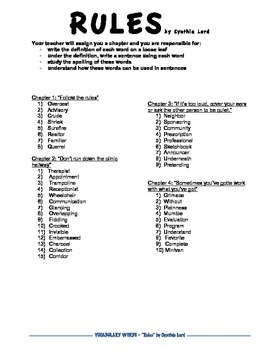 Preview of Free List of Vocabulary Words for "Rules" by Cynthia Lord