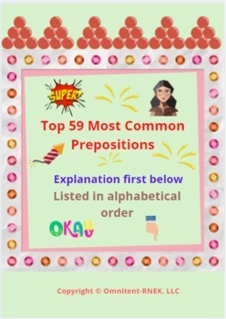 Preview of Free List of the 59 Most Common Prepositions - Alphabetical Order - Grammar