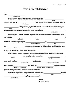 Preview of Free "Mad Libs" Style Worksheet for Valentine's Day - English