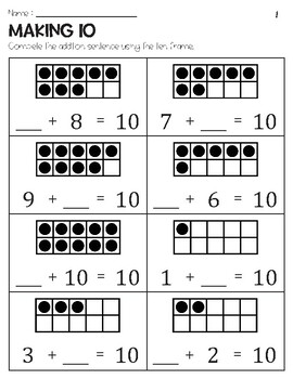 Free - Making 10 Addition with Ten Frame Worksheets by Owl School Studio