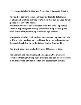 Preview of Free Materials for Testing Children in Reading and Phonics