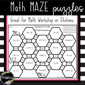 free math maze puzzles add subtract fractions multiply divide whole numbers