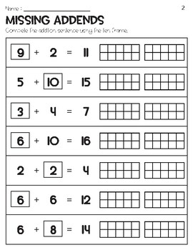 Free - Missing Addends to 20 with Ten Frame Worksheets by Owl School Studio