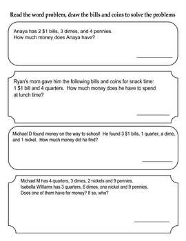 Money Word Problems Worksheet Primary Grades Go Math Aligned | Tpt