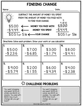 free money worksheets addition subtraction sales tax and next dollar up