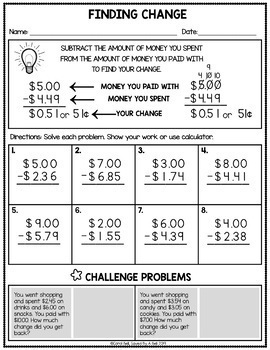 Free Money Worksheets Addition Subtraction Sales Tax and Next Dollar Up