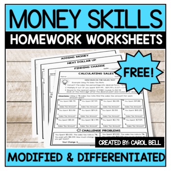 Preview of Free Money Worksheets Addition Subtraction Sales Tax and Next Dollar Up