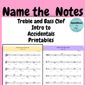 Preview of Music Theory Name the Notes Worksheets Treble and Bass
