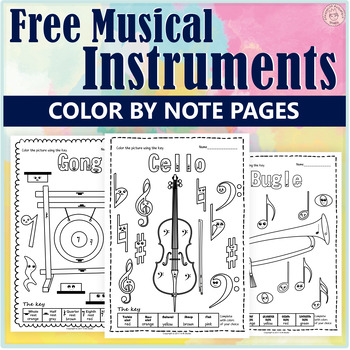 Preview of Free Musical Instruments Coloring By Note Worksheets | Music Sub Plans