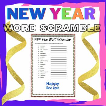 Preview of New Year Word Scramble with Answers - black and white included - Print & Go