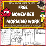 Free November Morning Work Packet PreK Kindergarten First 