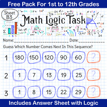 Preview of Free Number Series Quiz | Math Logic Puzzle | Math Tasks for 1st to 12th Grades