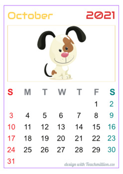 Preview of Free October 2021 Wall Calendar with Cute Animals for Kids
