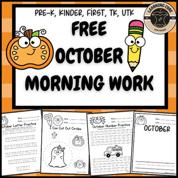 Preview of Free October Morning Work Packet PreK Kindergarten First TK UTK