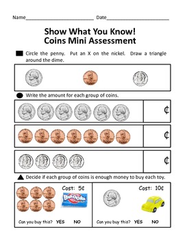 Preview of Free Penny, Nickel, Dime Assessment (Kindergarten/1st Grade)