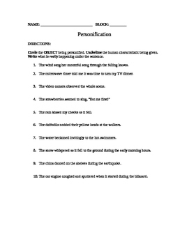 Preview of Free Personification Worksheet - Grades 6,7,8