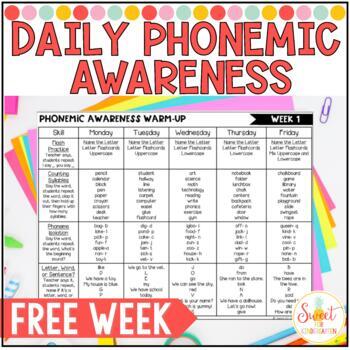 Preview of Free Phonemic Awareness Daily Warm Ups Sample Week | Science of Reading