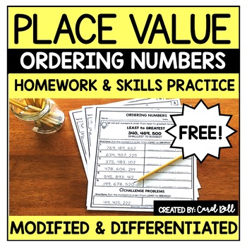 Preview of Free Place Value Ordering Numbers Worksheets
