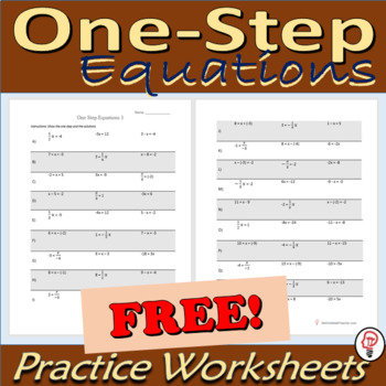 Preview of Free Practice Worksheets - One-Step Equations