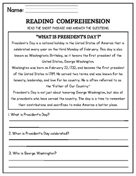 Preview of Free "Presidents Day" Reading Comprehension Passages With Questions And Answers