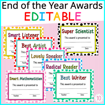 Preview of Free Printable End of the Year Awards, Editable Bright End of the Year Awards
