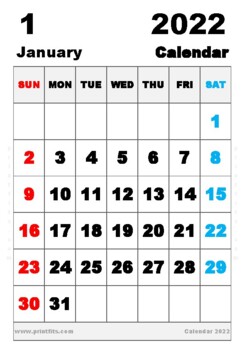 Free Printable January 2022 Calendar A4 Paper Size by Printfits | TpT