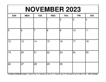 Free Printable November 2023 Calendar Templates by Sharon Gore | TPT