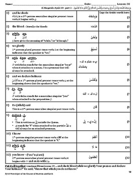 Quran Lesson-30 Worksheet, Al-Baqarah, Part 2 of Ayah-30 | TPT