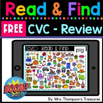 Preview of Free Read and Find CVC Review Hidden Pictures Boom Cards - Distance Learning