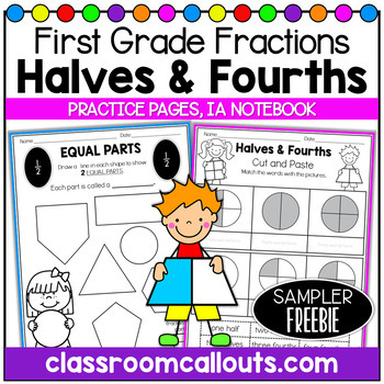 Preview of Free Sampler 1st Grade Fractions Halves & Fourths